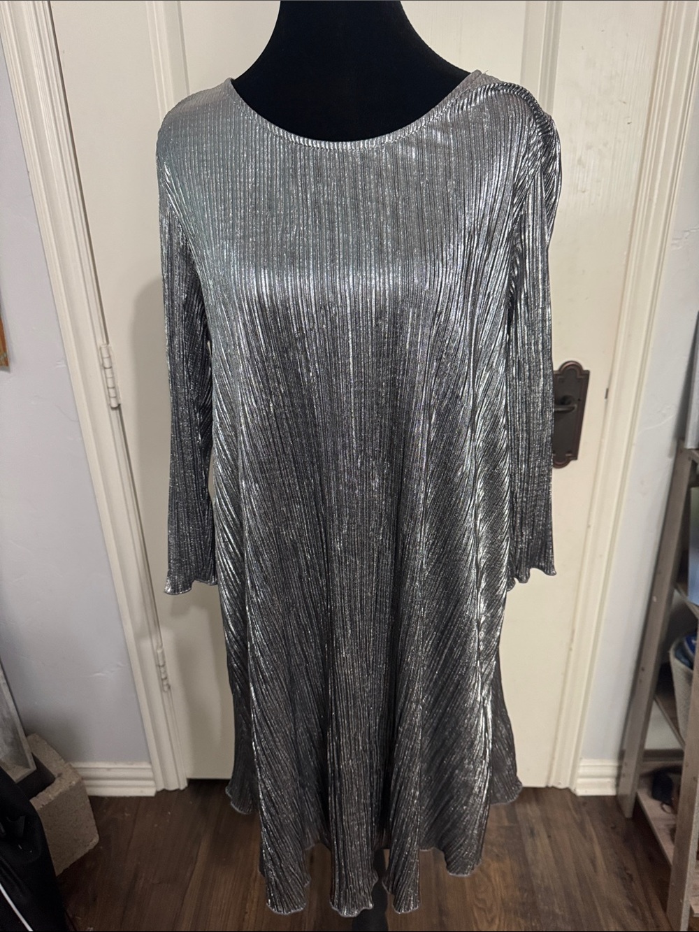 Honeyme Silver Metallic Long Sleeve Pleated Swing Dress